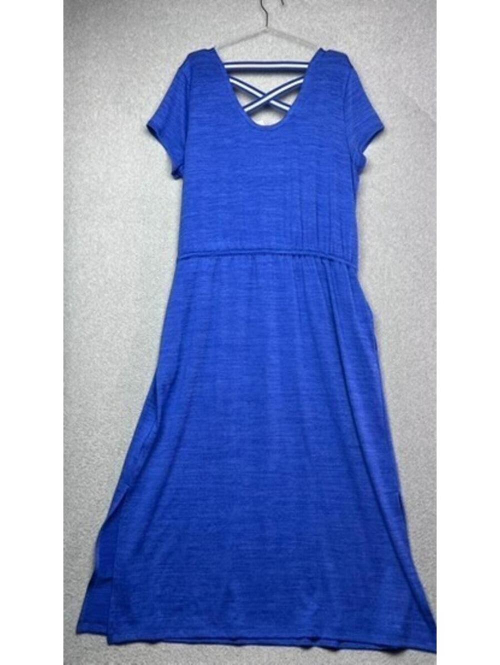 T By Talbots Blue Jersey Midi Dress 2X Drawstring Pockets Criss Cross Back Sport